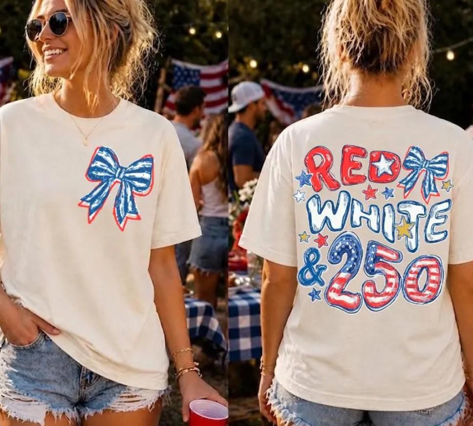 Red White Blue Shirt, 250th Anniversary Shirt, Front And Back Side, 4th of July Shirt, Preppy Patriotic Tee, Flag Tshirt