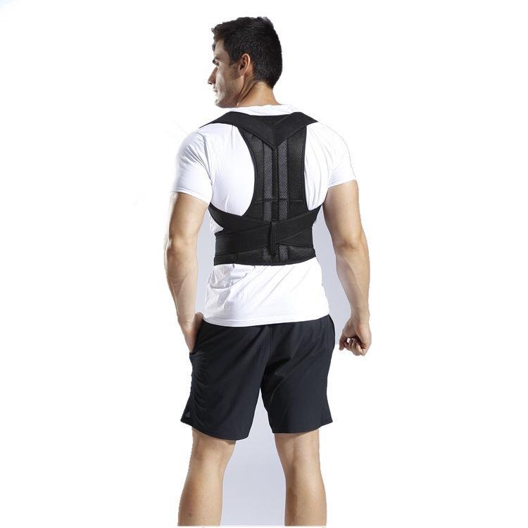 Reinforced lumbar posture correction vest, with adjustable back support straps, shoulder and spine support, and neck stretching device.