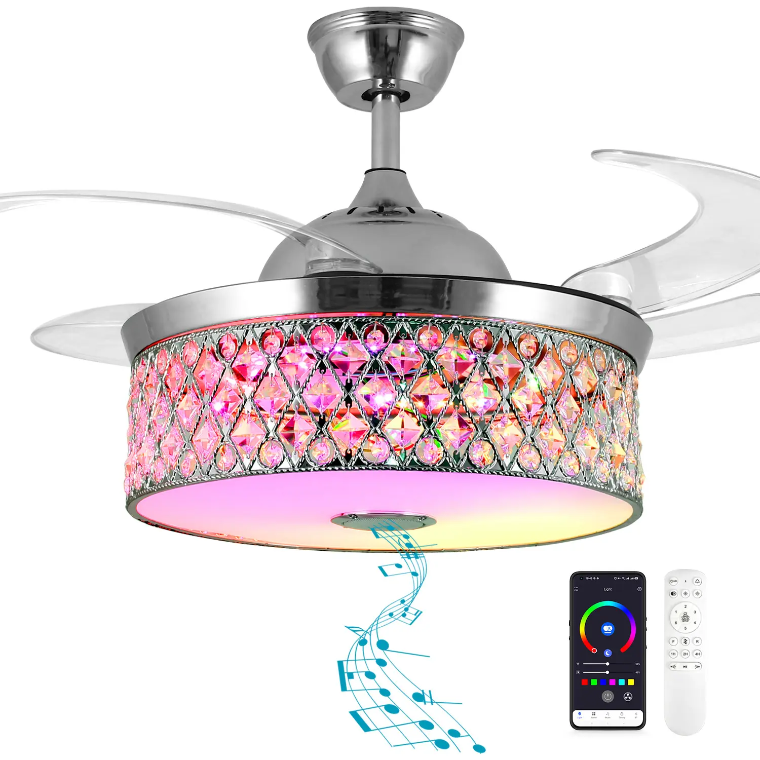 BAYSQUIRREL 21.6"l x 21.6"w x 11.4"h Retractable Crystal Ceiling Fan with Lights - Adjustable Cool RGB Mood Lighting, 6-Speed Dimmable LED, Remote & App Control, Bluetooth Speaker, Indoor Home Decor
