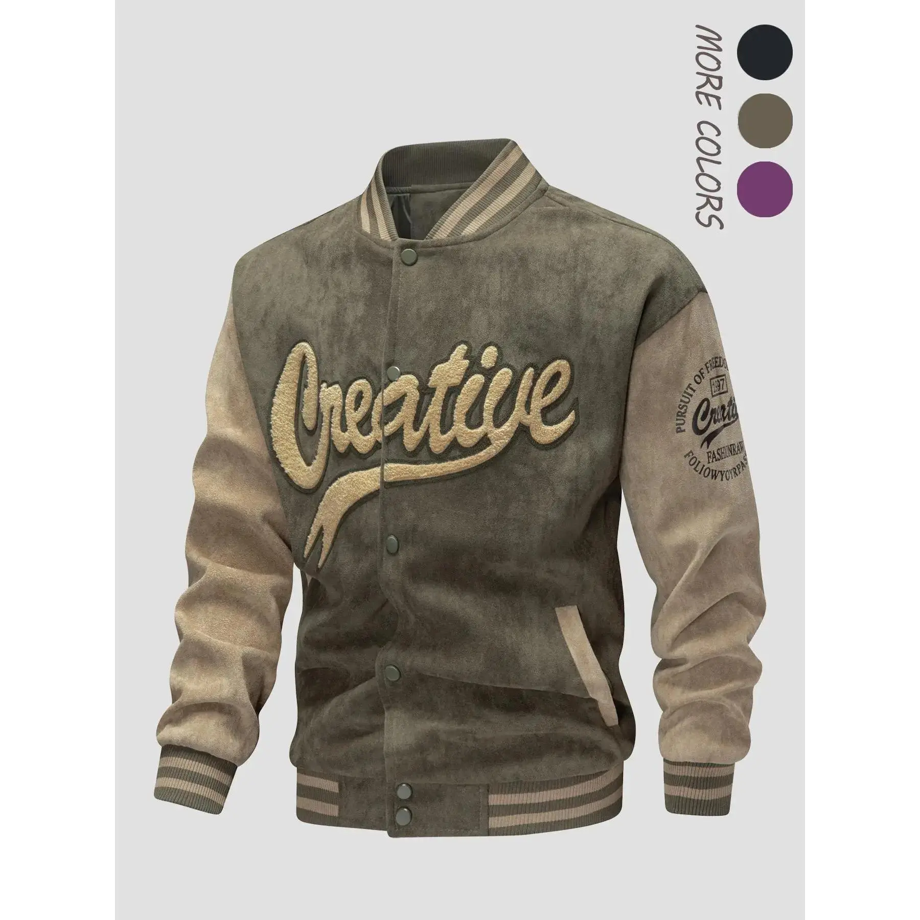 Men's Letter Embroidery Patchwork Button Front Varsity Jacket, Loose Casual Long Sleeve Mock Neck Outerwear for Fall & Winter, Men's Clothes for Daily Wear