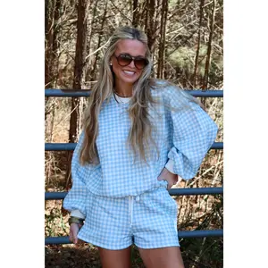 Simple Things Gingham Sweatshirt + Shorts Set || Blue