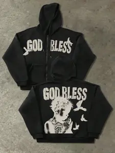 Men's Zipper Loose Knit Hoodie, Vintage American Style, 'god Bless' Slogan & Praying Hands Print, Casual Streetwear for All Seasons