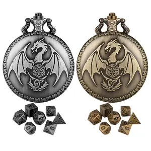Fantasy Flying Dragon Design Watch Case with Chain & Dice, Vintage Style Watch Case with Chain & Dice, Role Playing Game Accessories, Dnd, Gaming Accessories