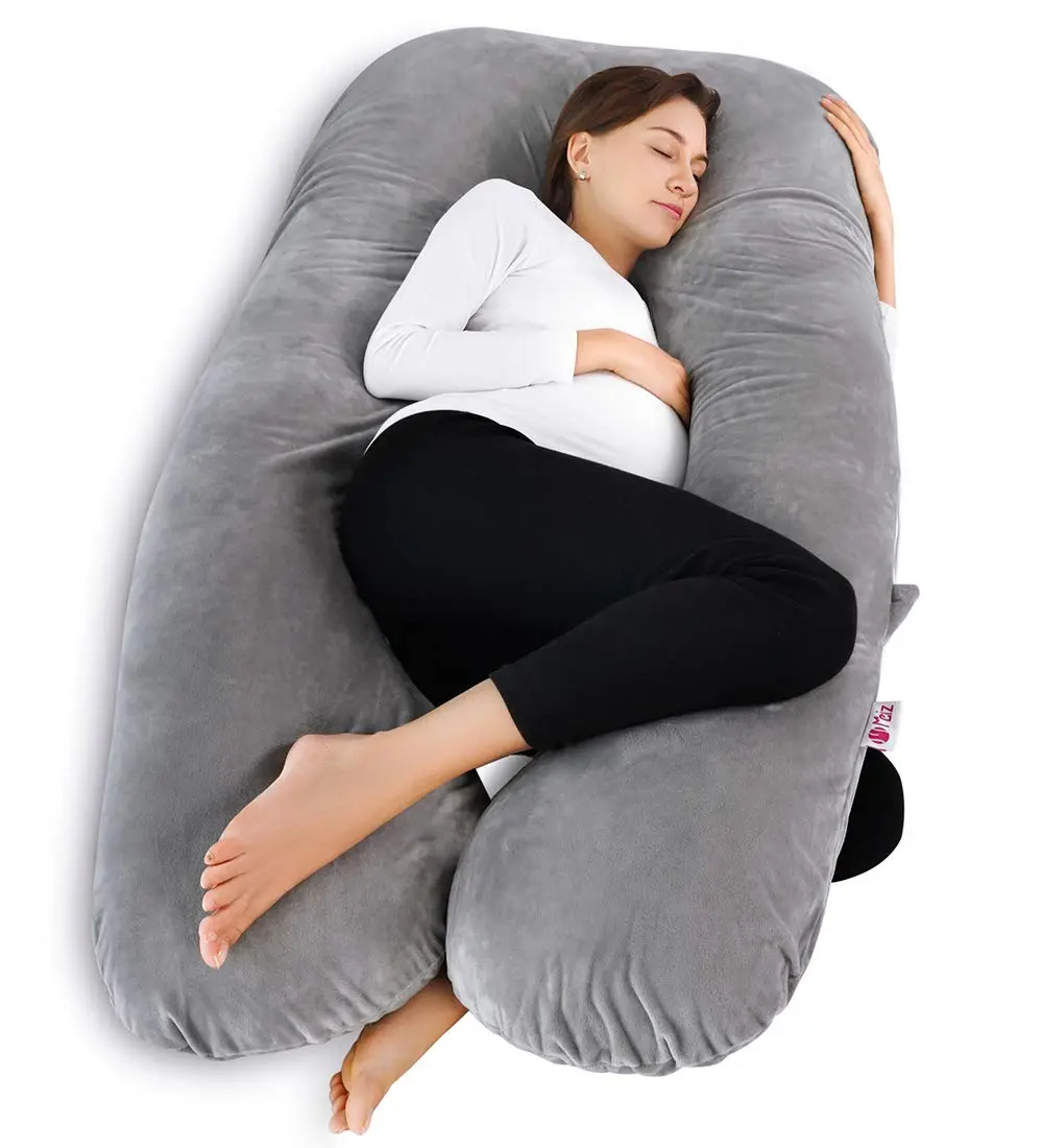 U-Shaped Pregnancy Pillow 55 Inch, Full Body Pillow with Soft Velvet Cover, Adjustable Filling, Maternity Support Pillow for Sleeping, Grey