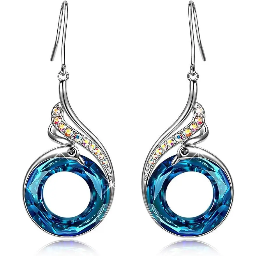 "Rise From the Ashes" Phoenix Earrings, Sterling Silver Dangle Earrings with Crystals from Austria, Birthday Gift with Jewelry Box, Symbol of Luck and Renewal