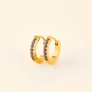 Black Gem Huggie Hoop Earrings