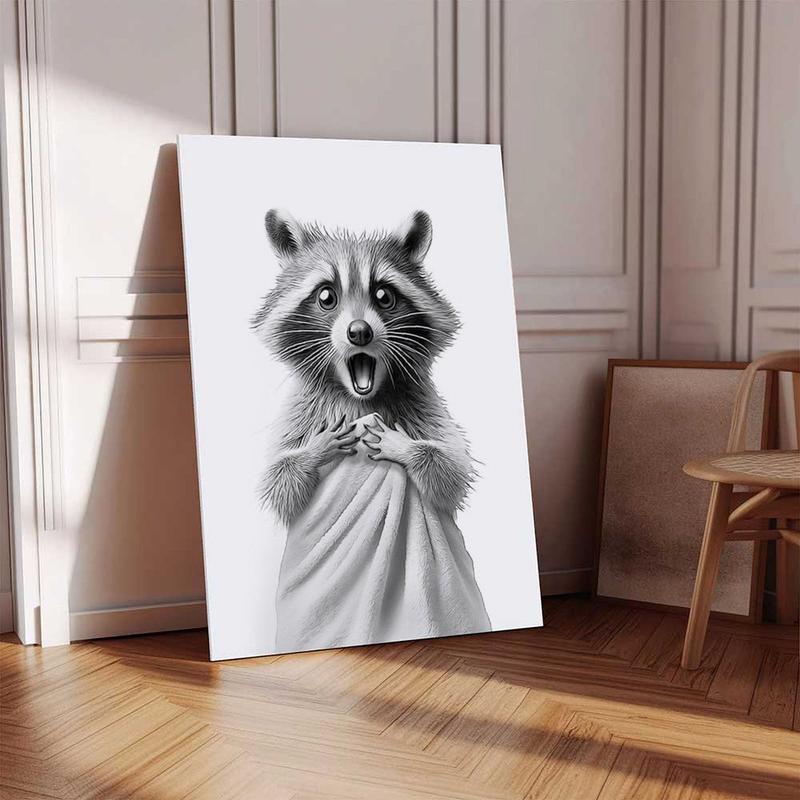 Framed Wall Art with Raccoon in Towel, 12x16in Funny Animal Bathroom Canvas Print, Black and White Raccoon Poster, Cute Raccoon Picture Wall Decor for Bathroom, Kids' Room, Bedroom, Nursery, Home