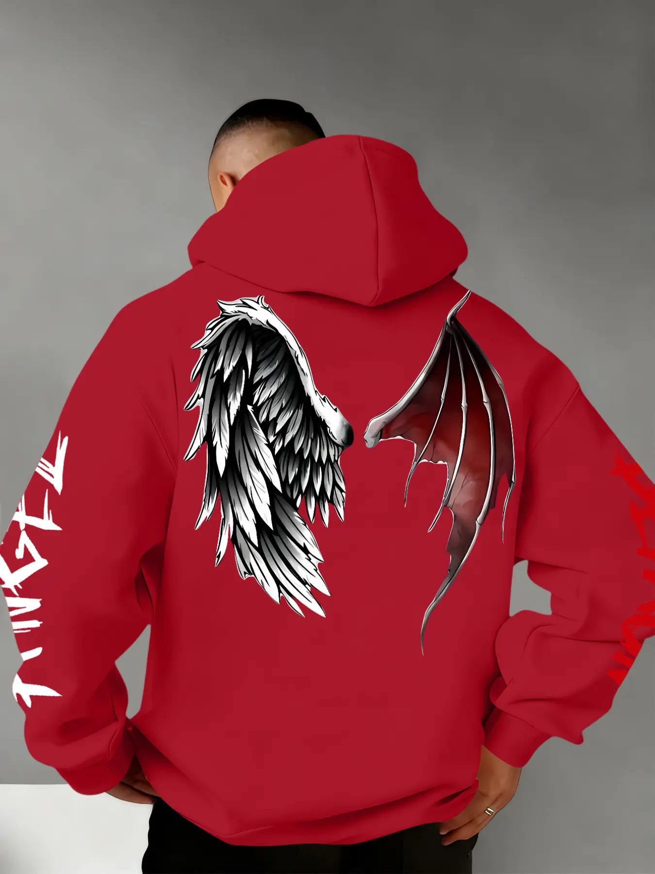 Men's Fall Winter Demon Angel Wing Print Hoodie, Drawstring Hood +