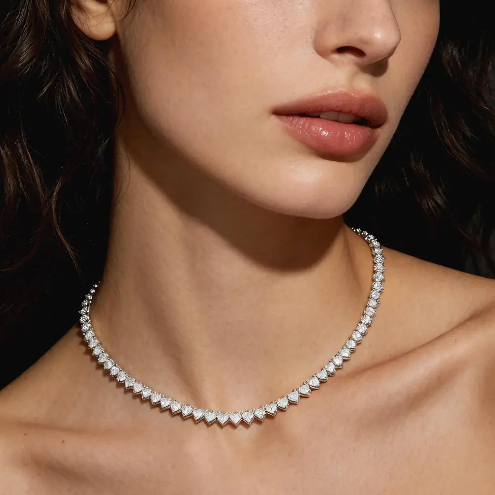 14K Gold Plated Baguette CZ Tennis Necklace | Heart Clasp Full Diamond Choker, Minimalist Dainty Jewelry for Women