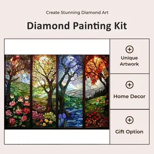 Four Seasons Stained Glass Tree Panels 5D Full Drill Diamond Painting Kit Vibrant Design with Shimmering Floral and Landscape Accents Tiffany-Style Art DIY Wall Decor Ideal Gift For Nature & Craft Enthusiasts