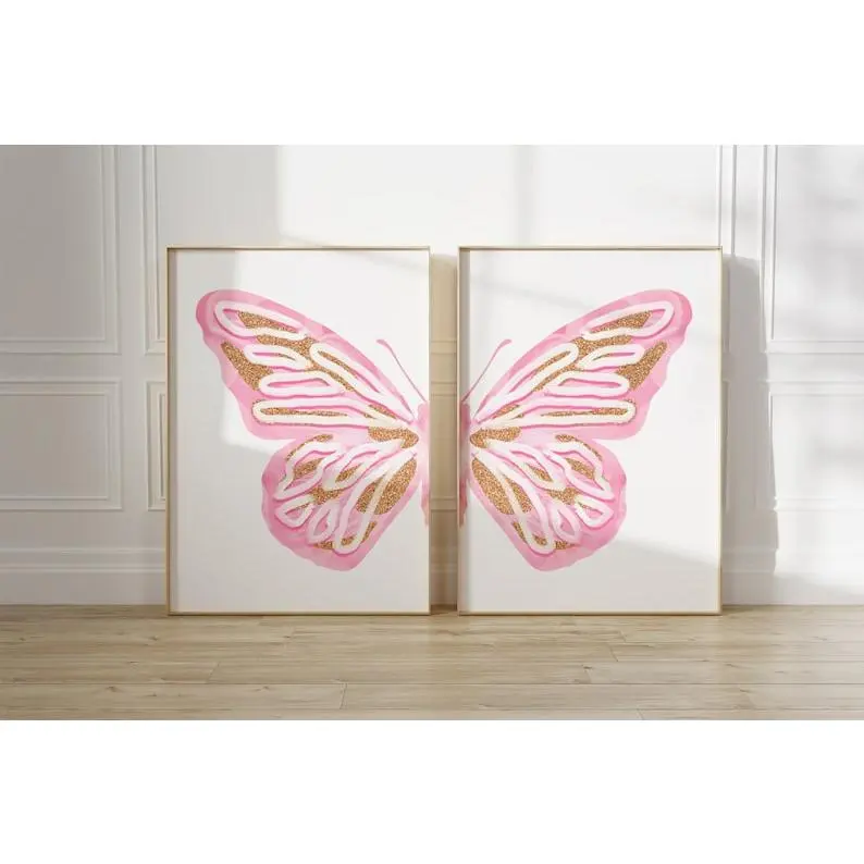 split butterfly wall art set preppy y2k room decor, pastel wall art baby girl nursery decor prints, aesthetic wall art coquette room décor