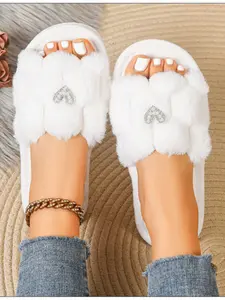 Cute Rhinestone Heart Decor Plush Slipper, Women's Soft Faux Fur Toe-Open Sandals, Anti-Slip Thick Sole Comfort Indoor Shoes, Home Slippers