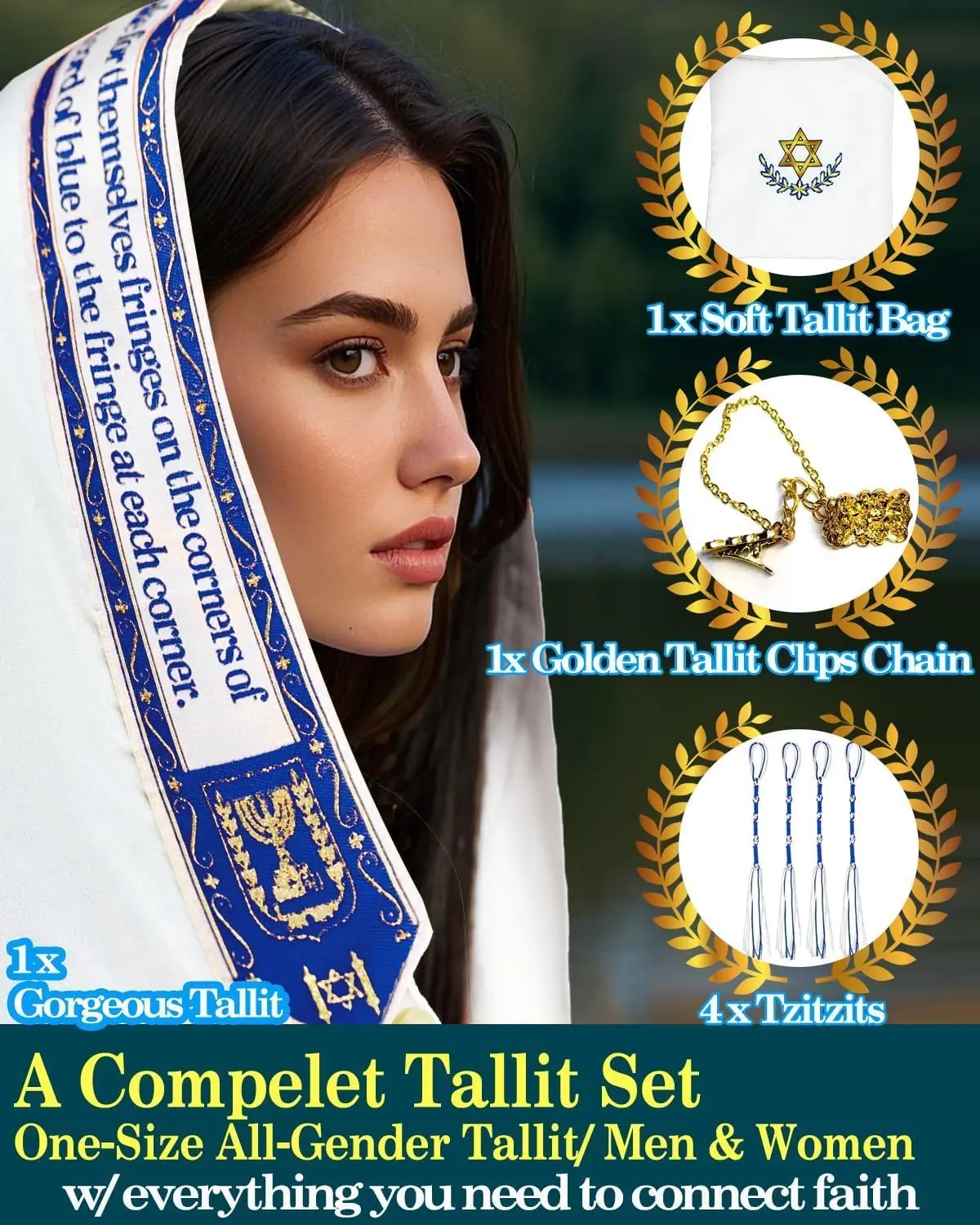 Tallit Prayer Shawl 72” x 22” with Bag, Clip, Tzitzits All-in-One Bundle