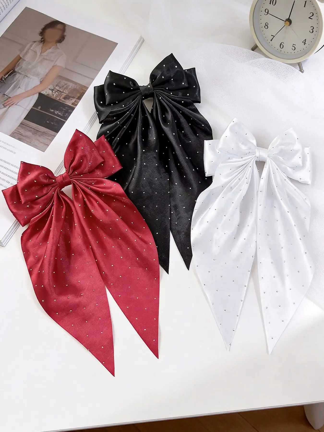 3pcs ladies' diamond bow hair clip, sweet large long floating hair clip, gentle Decorative Hair Clips at the back of the head, suitable for parties, afternoon tea, dates, vacations, music festivals, campuses, daily leisure accessories