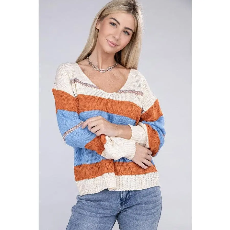 Striped Pattern Knit V-Neck Sweater