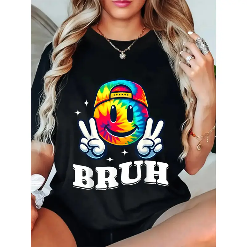"Bruh" Tie-Dye Smiley Face T-Shirt, Retro Peace Sign Emoji Graphic Tee, Funny Gen Z Casual Top