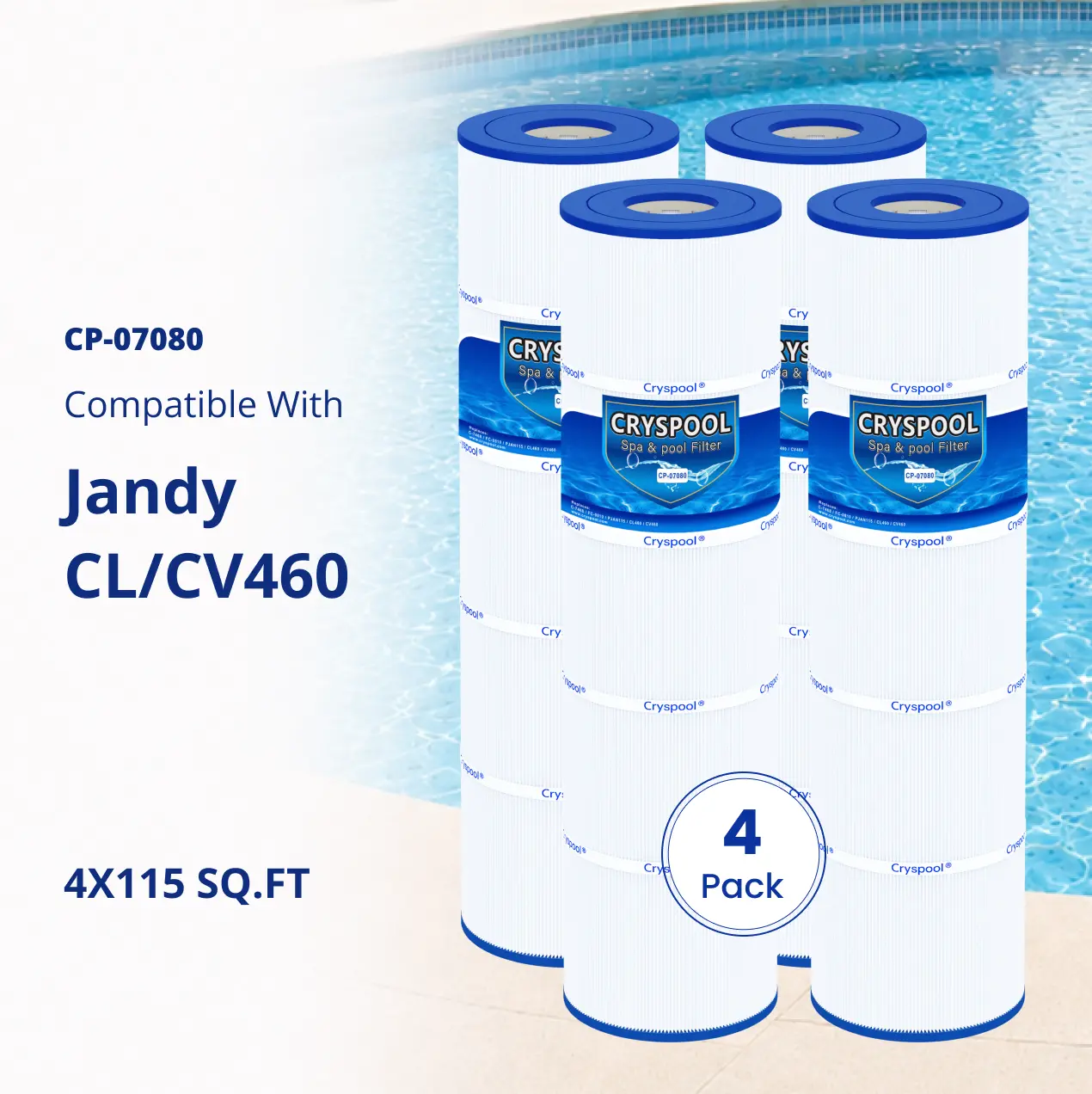CL460/CV460 Pool Filter Cartridges - Compatible with Jandy CV460/CL460, A0558000, R0554600, Filbur FC-0810, Pleatco PJAN115, Unicel C-7468, Cryspool, for Pool Use, 4x115 Sq.ft, 27" x 7", 27 Inches, Easy Cleaning, Longer Service Life, 4 Pack