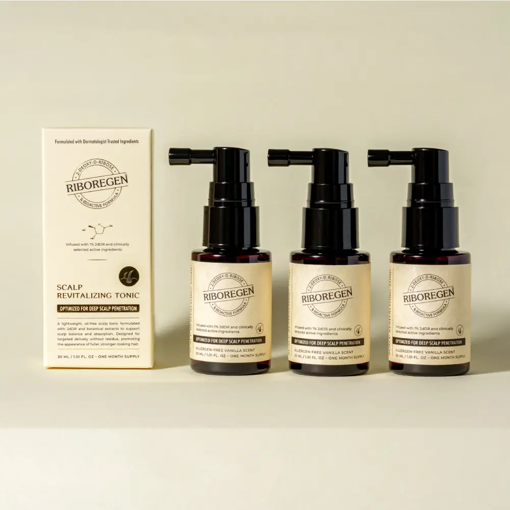 RIBOREGEN Daily Scalp Tonic Spray - Haircare & Scalp Care for Adults, 1% 2dDR, Caffeine, Rosemary for Fuller Wavy Hair, Lightweight, Non Toxic, Oil-Free, Cruelty Free Serum (3-Pack, 30ml), Textured, Daily Spray, Rosemary Blend, Alcohol Free