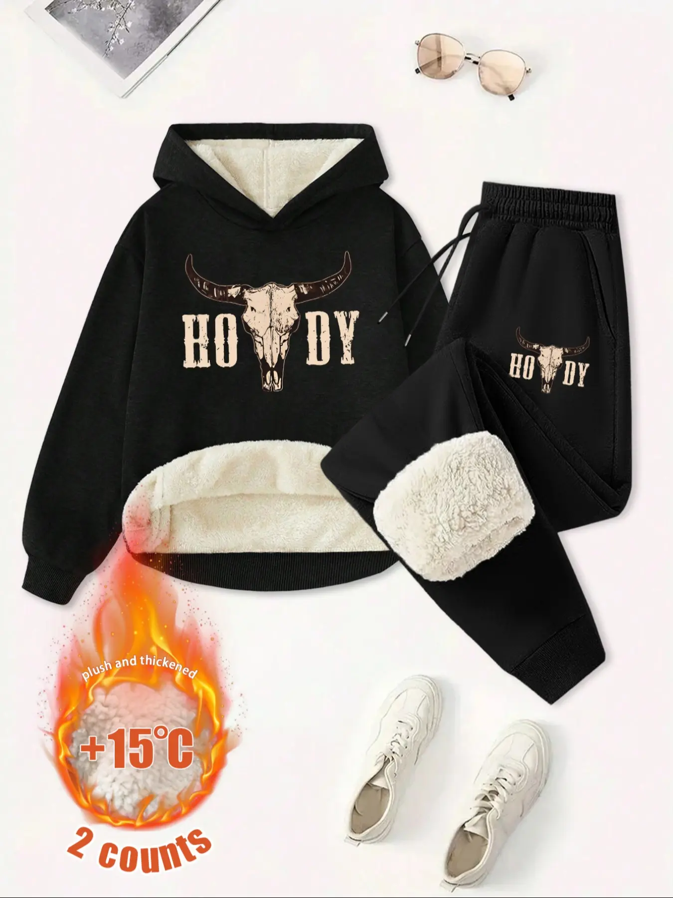 Women's Fleece Lined Thick Long Pants Set, Hooded Sweatshirt with Drawstring Joggers, Cow Print, Casual Fall & Winter Wear