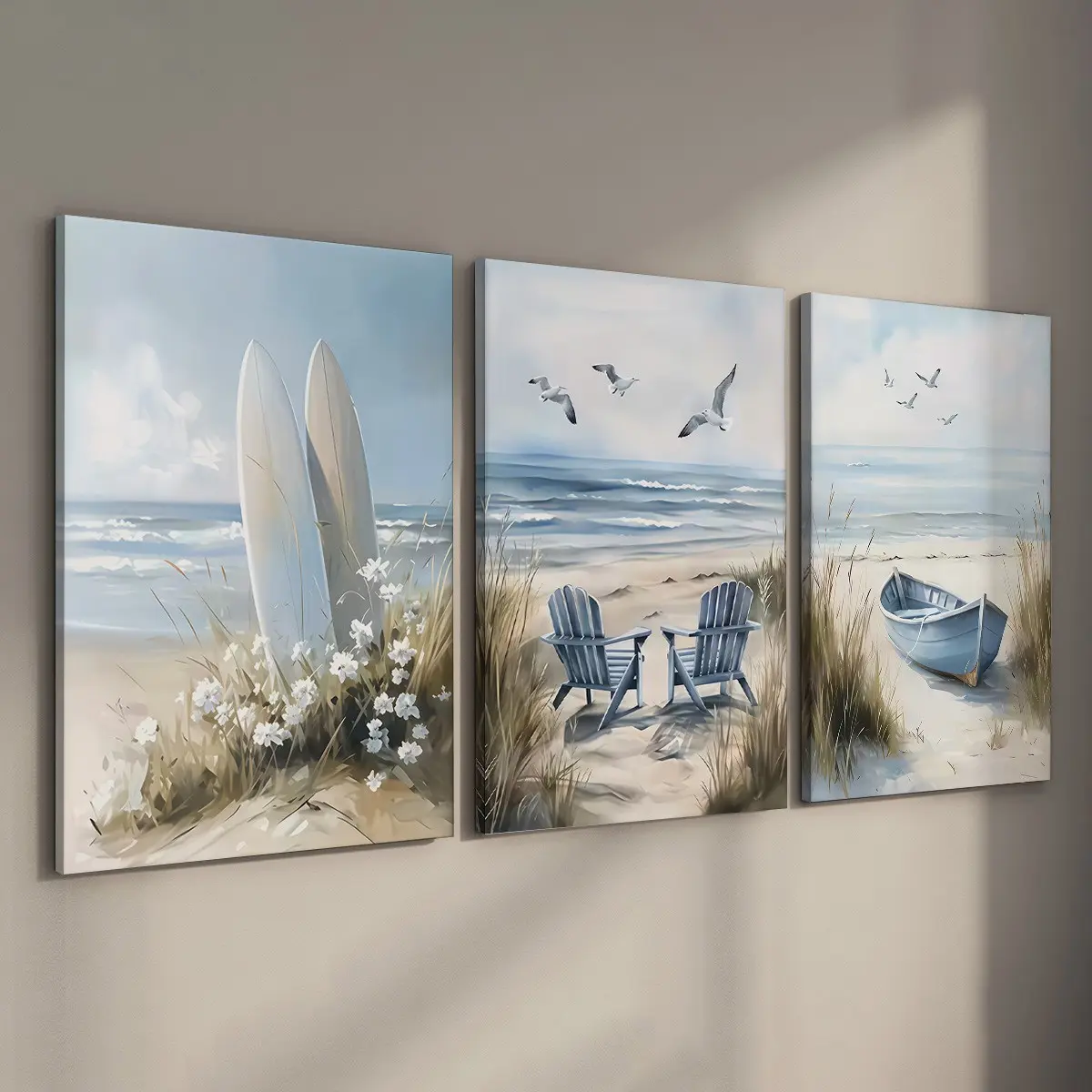 Set of 3 Stretched Canvas Wooden Wall Art, Aesthetic Wall Decor, Decoration Items, Vintage Surfboard & Coastal Beach Painting, Modern Boat & Chairs Artwork with Wood Frame, Ready to Hang Gallery Wrapped Posters for Living Room Cafe Bar Modern Home Decor