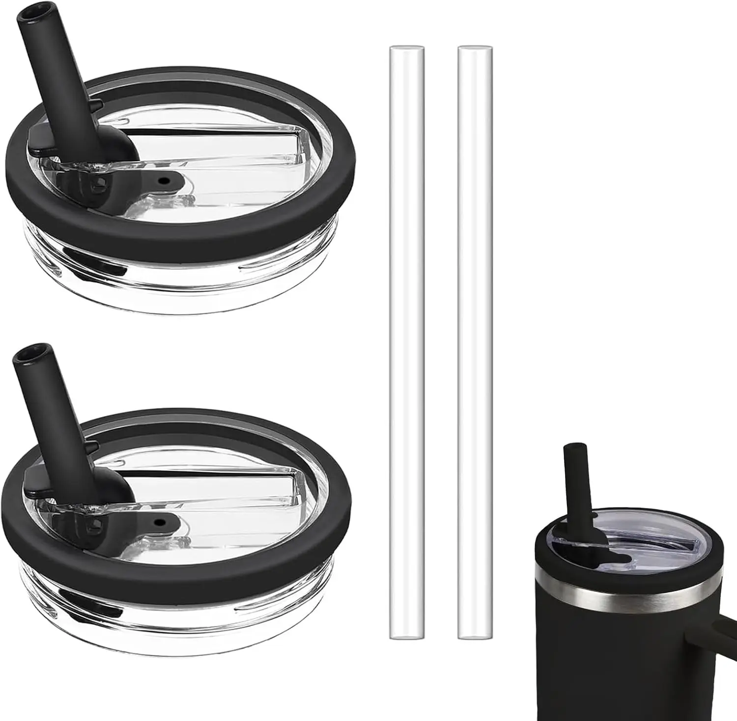 2 Pack 40 oz Tumbler Flip Straw Lid Replacement Compatible for Stanley Quencher, Leak-Proof Splash Resistant Tumbler Lids,Reusable Tumbler Cover for Stanley Cup (Black)