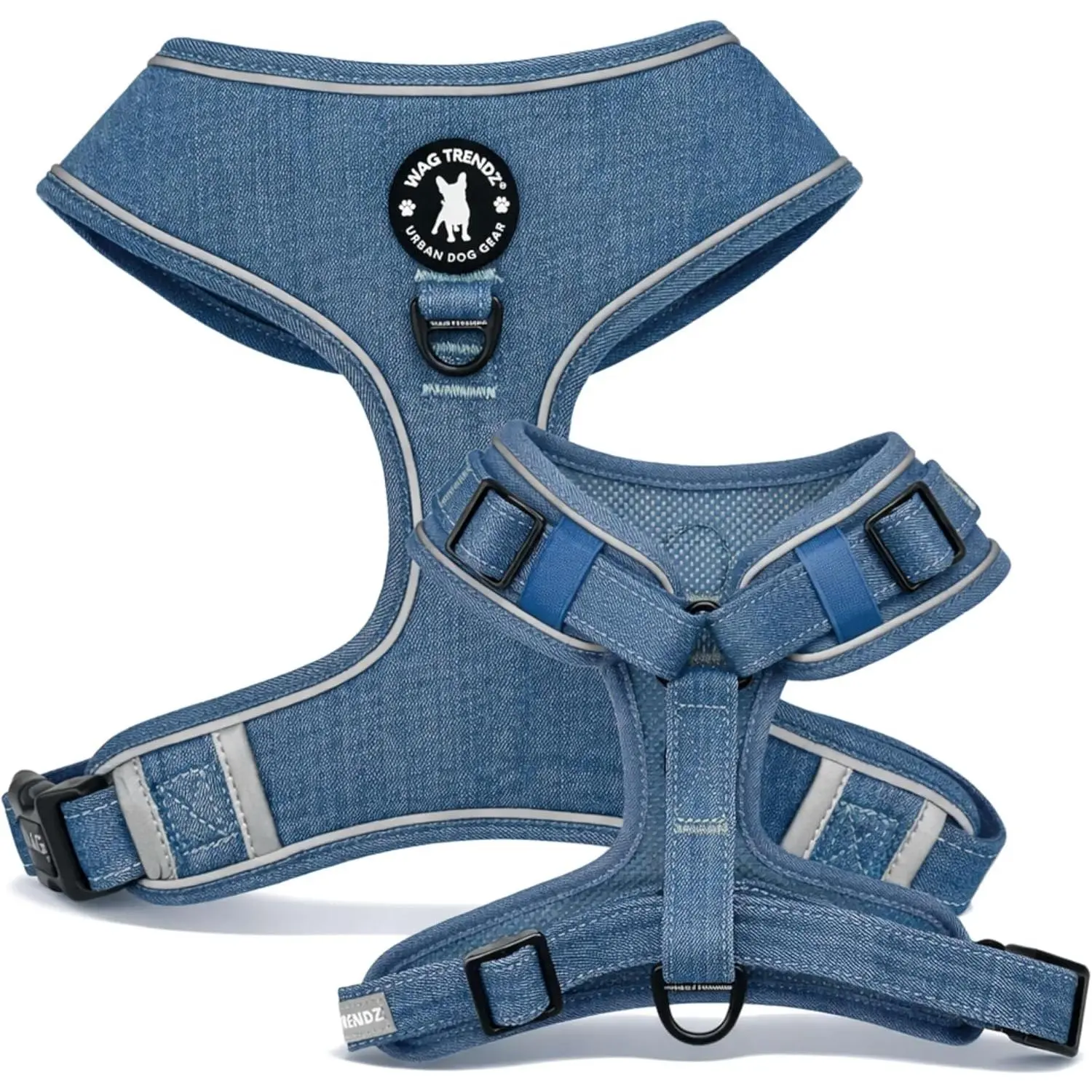 WAG TRENDZ Vest Style No Pull Dog Harness for Small Dogs - Dachshund Fit, Padded Chest, Real Denim Exterior, Durable Design, Reflective Strips, No Pull Training Support, Downtown Denim, S, Xxs
