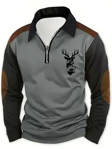 Men's Casual Deer Print Half-Zip Long Sleeve Zipper Polo Shirt, Polyester Fabric, Perfect for Spring & Fall Outdoor Activities