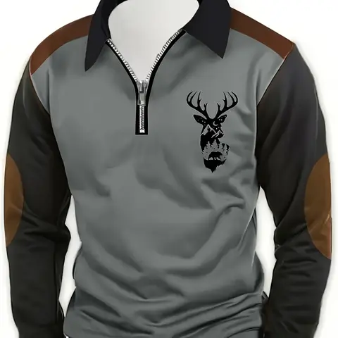 Men's Casual Deer Print Half-Zip Long Sleeve Shirt, Polyester Fabric, Perfect for Spring & Fall Outdoor Activities, Zipper Polo Shirts