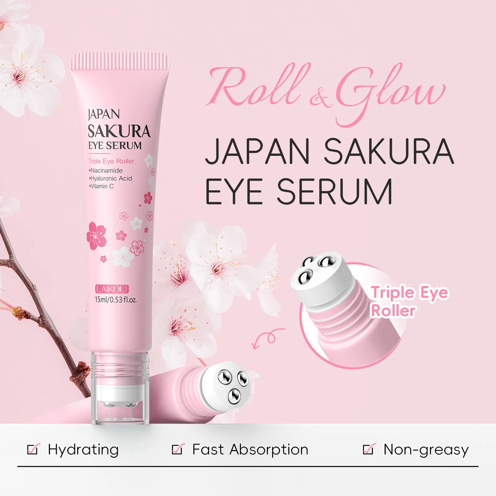 Sakura Hydrating Eye Cream 15g/0.53oz, Smooth Rollerball, Rich in Vitamin C, Niacinamide, Hyaluronic Acid, Suitable for All Skin Types, Hydrating Eye Treatments