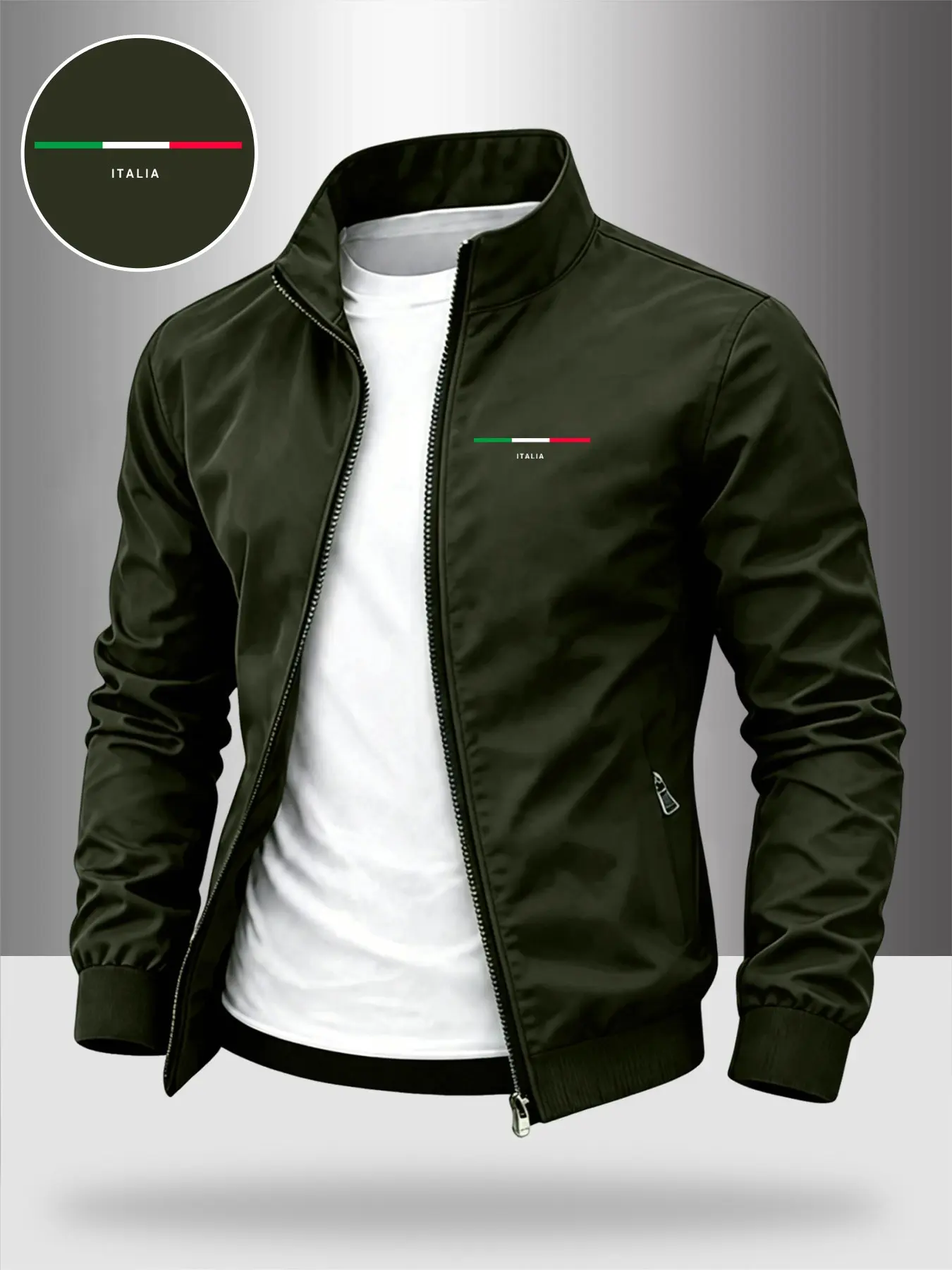 Men's Simple Style Italian Stand Collar Jacket, Business Fashion Casual Plain Windproof Coat, Lightweight Long Sleeve Letter Print Outerwear for Fall & Winter, Stylish Jacket, Menswear