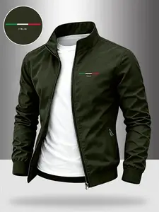 Men's Simple Style Italian Stand Collar Jacket, Business Casual Plain Windproof Coat, Lightweight Letter Print Outerwear for Fall & Winter