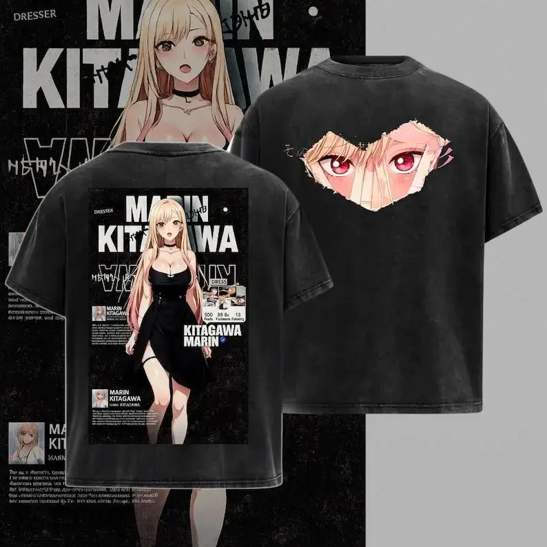 Marin Kitagawa Vintage Washed Graphic Tee | My Dress-Up Darling  Anime Shirt | Y2K Waifu Streetwear Gym Pump Cover | Unisex Casual Cotton Top Men's T-Shirt  Vintage Washed Anime Print Tee Anime Menswear Distressed