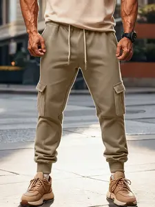 Men's Fashion Sportswear Cargo Pants, Soft Elastic Fabric, Adjustable Drawstring Waist, Practical Side Pockets, Loose Cone Shape