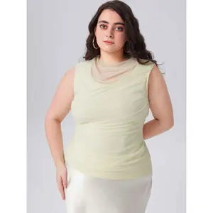 Cider [2 colors, size 2-26] Mesh Patchy Turtle Neck Solid Ruched Crop Top Curve & Plus