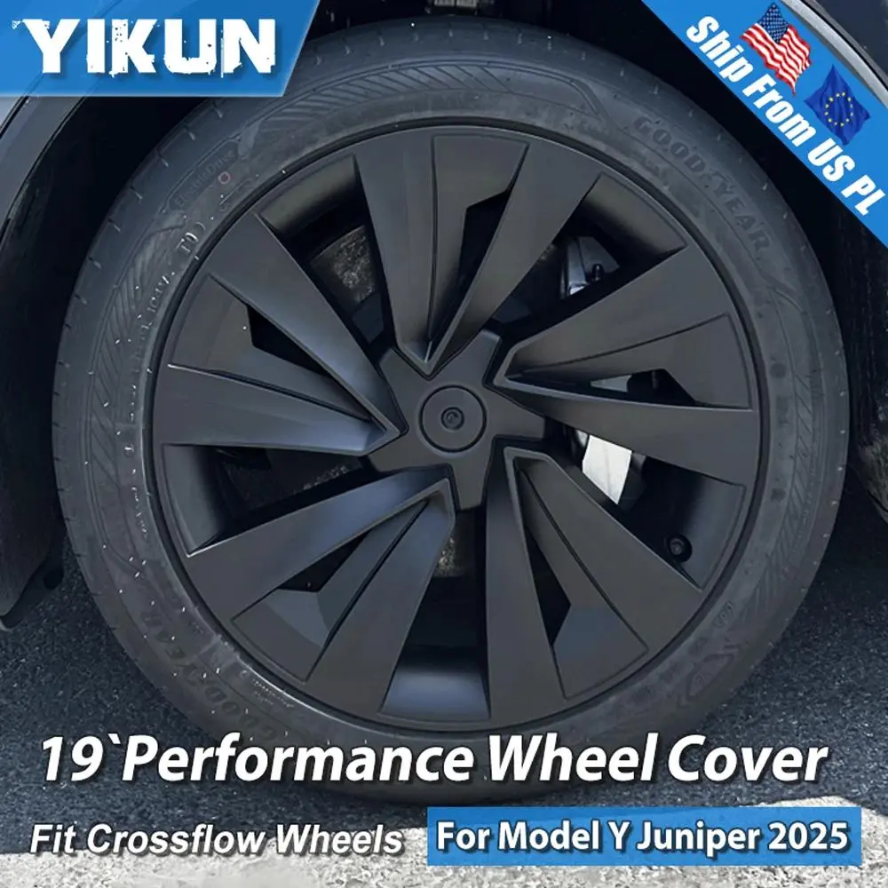 4-Pack Wheel Covers for Tesla Model Y Juniper 2025, 19-Inch Rims Replacement 4*Hub Caps, ABS Plastic Aerodynamic Car Rim Accessories, Scratch Guard, Easy Installation, 4*Center Sticker Cover