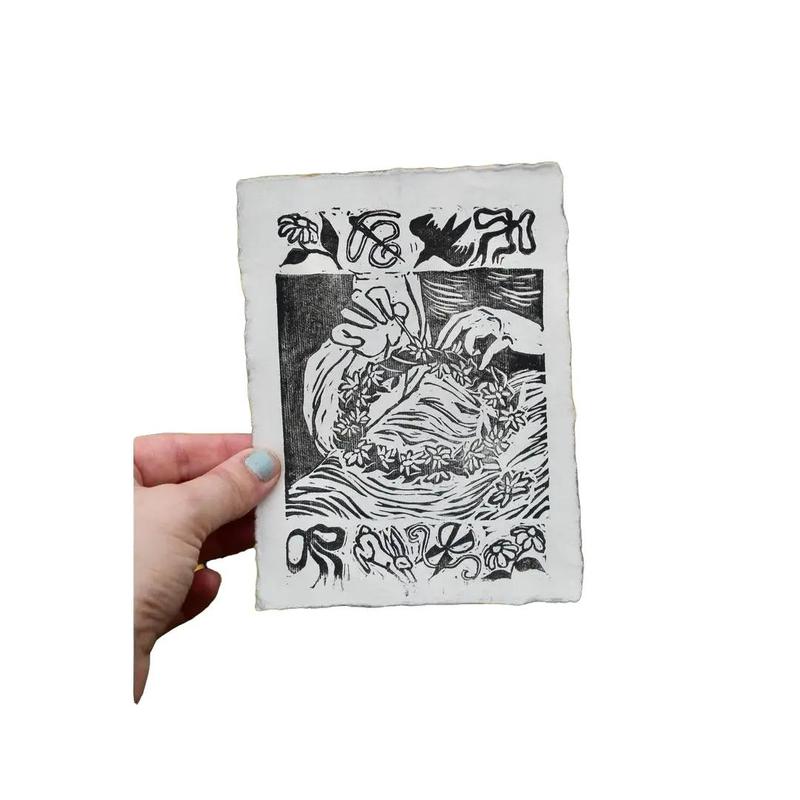 Flower Crown Handmade Linocut Block Print 5x7 Inches - Delicate Linen Paper Artwork with Wildflower Daisy Chain Sewing Girly Bows Perfect for Soft Wall Decor or Gifting