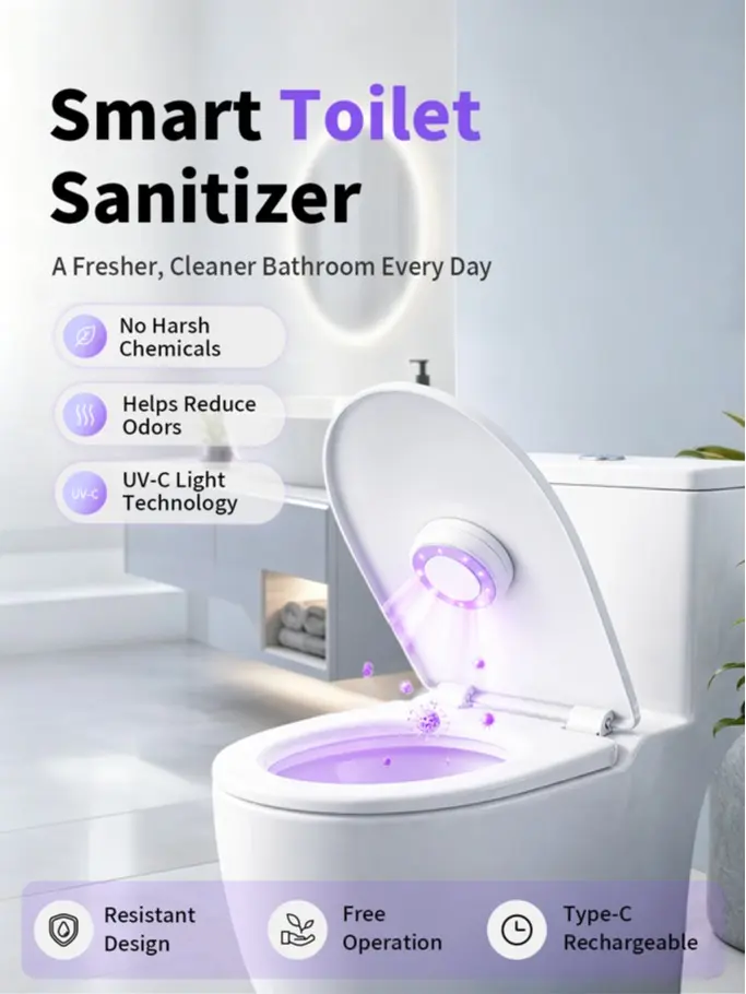 UV-C Toilet Sanitizer & Odor Control Device, Motion Activated, Chemical-Free with Safety Sensor, Rechargeable Battery