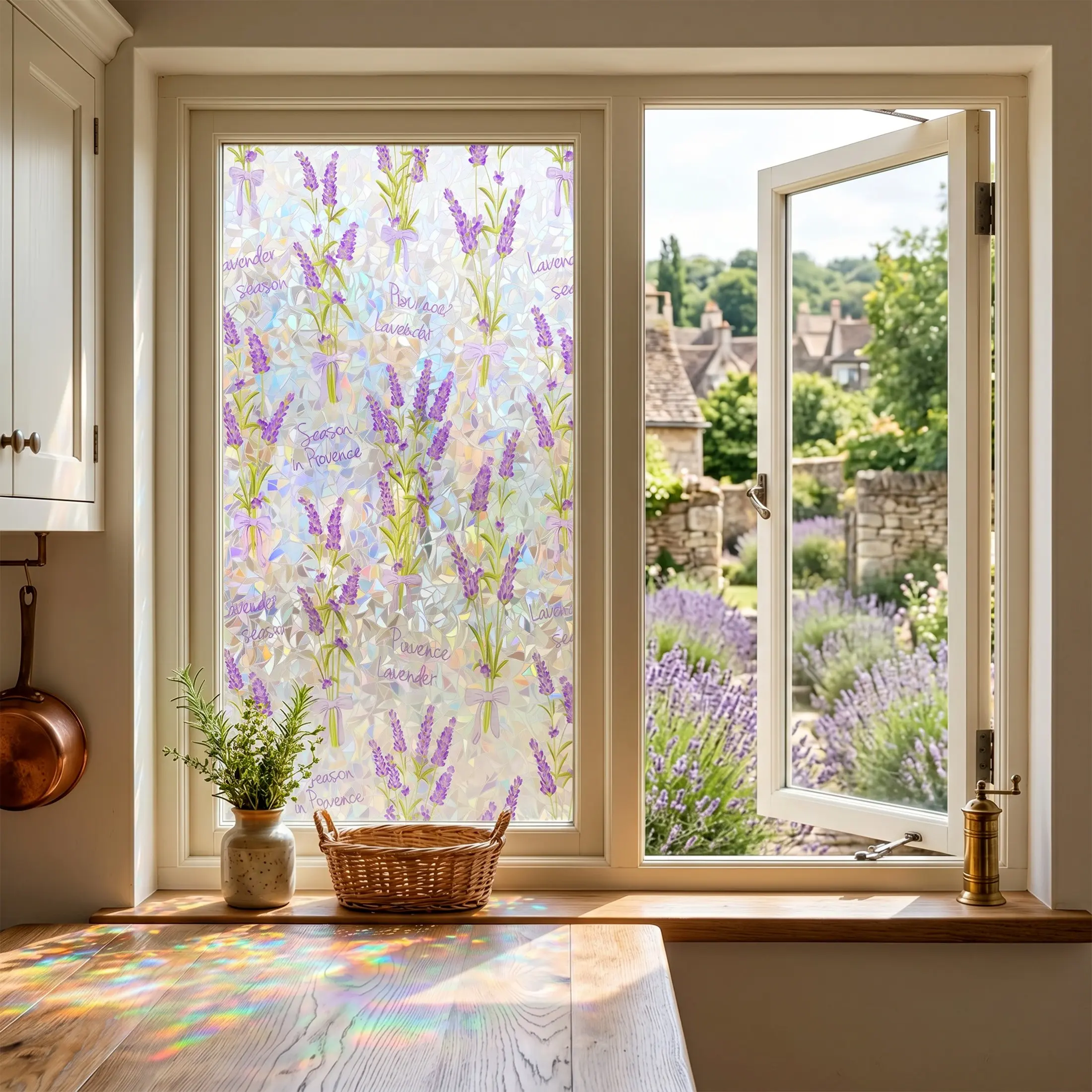 1 Roll Lavender Print Rainbow Holographic Decorative Floral Window Film, 44.5cm(17.5in) Privacy Glass Sticker, Non-Adhesive, UV Protection, with Installation Tools