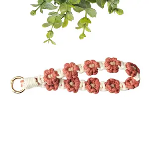 White and Brown Flower Macrame Wristlet Keychain