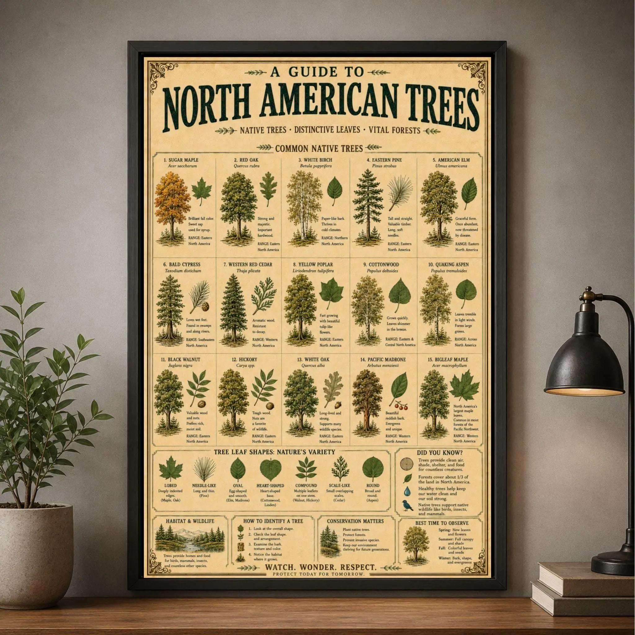 [Unframe] North American Trees Poster, Vintage Botanical Tree Chart, Tree Identification Wall Art, Woodland Decor, Forestry Artwork, Rustic Cabin Gift for Gardeners