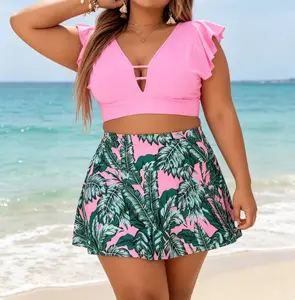 Plus Size V-Neck Tankini & Swim Skirt Set - Solid Pink Ruffled Tankini Top with Keyhole Neckline, High-Waist Tropical Palm Print Swim Skirt, Comfortable Two-Piece Swimwear for Curvy Women Summer Vibes