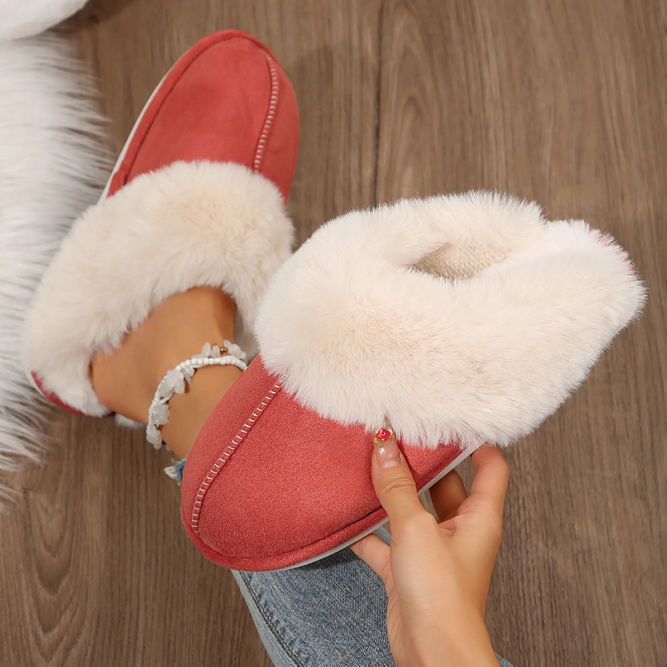 Cozy Women's Plush Fleece-Lined Slip-On Moccasin with Fluffy Detail - Non-Slip Winter Home Slippers on Platform Flat Sole. Springfresh