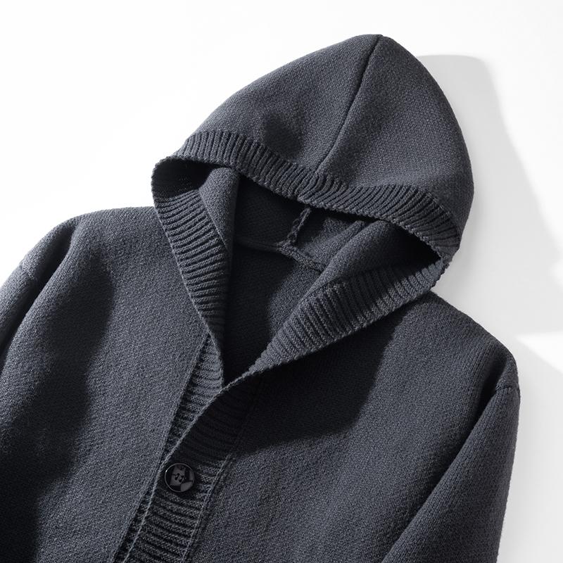 Men’s hooded knit sweater, simple classic design, autumn/winter cardigan with ribbed detailing, two pockets, available in multiple colors