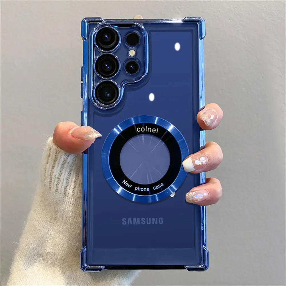 Transparent Electroplated TPU Smartphone Casing for Galaxy S25 Ultra/S24+/S23/A55 - Slim, Shockproof Handheld Cellphone Devices Shell with Airbag Corners, Magnetic Lens Stand