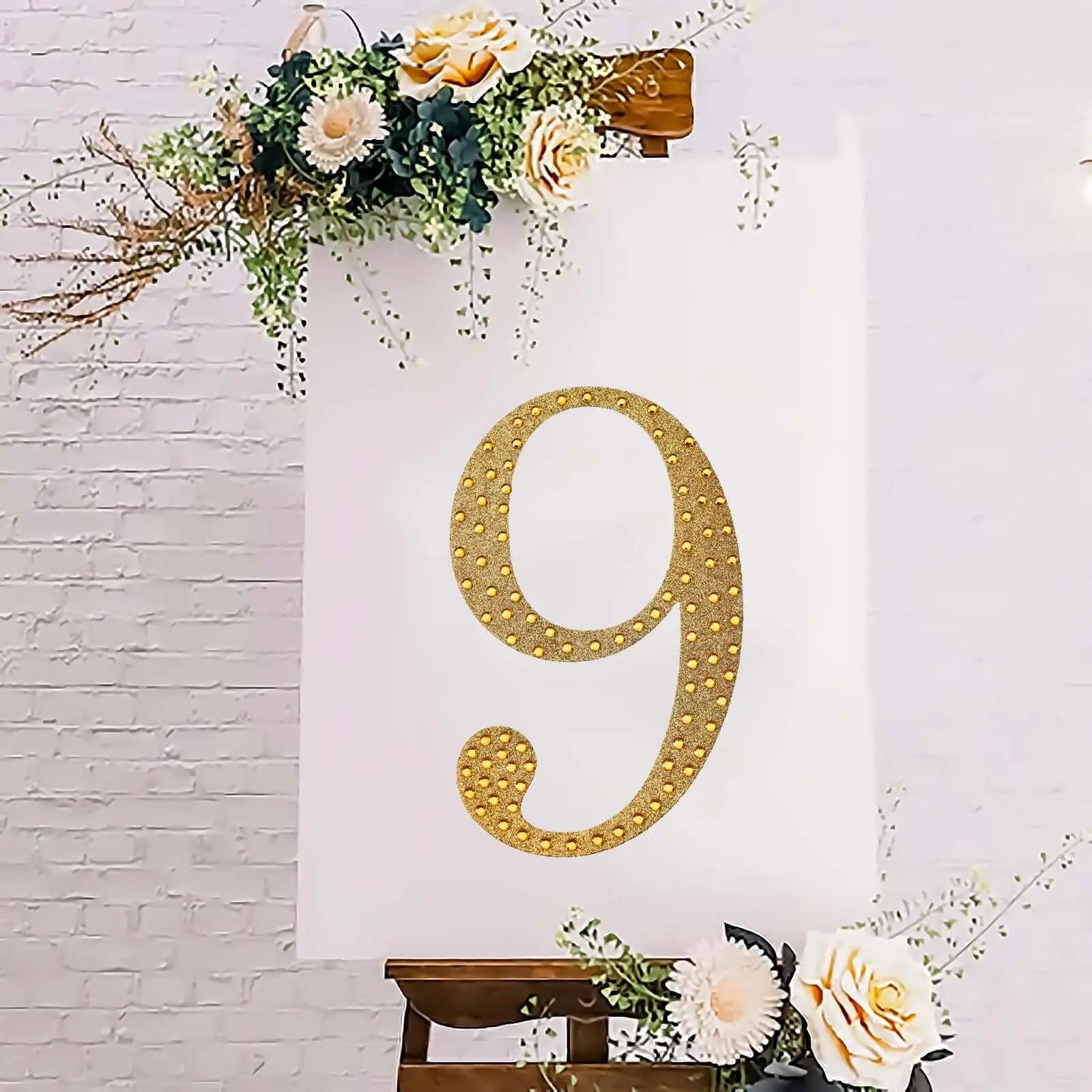 Decorative Rhinestone Number "9" Stickers 8", Gold Glitter Adhesive Craft Numbers - DIY Sparkle Embellishments