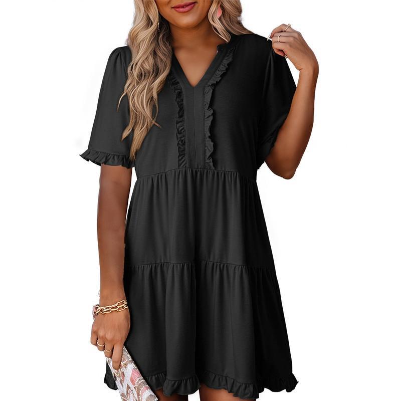 Dokotoo Womens Dresses 2026 Summer Spring V Neck Ruffle Short Sleeve Casual A-Line Flowy Swing Shift Dress Mini Dress