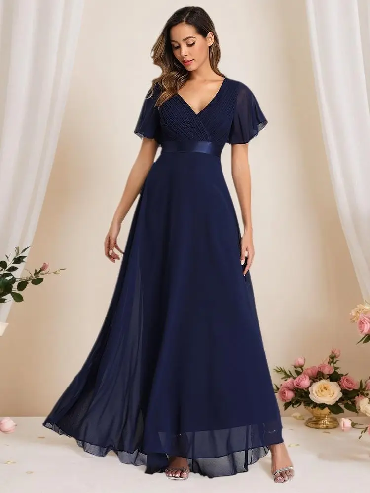 Women's Elegant Chiffon Formal Dress with Pleated Hem and Bell Sleeves - Chic Plus Size Double V-Neck Style for Bridesmaid Party