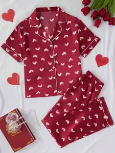 Women's Heart Print Sleepwear Loungewear Pajama Set Pjs, Short Sleeve Comfortable Soft Silk Touch Casual, Perfect Valentine's Day Gift, Womenswear