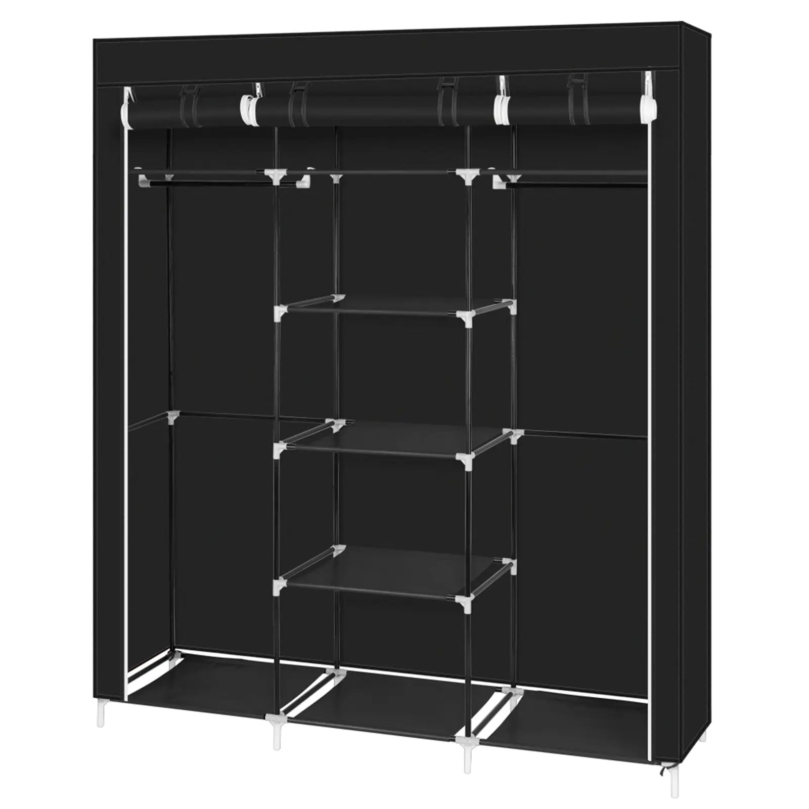 69" Portable Non-Woven Fabric Closet Wardrobe Cabinet, Double-Rod Garment Organizer, Home Room Storage Unit (Black)