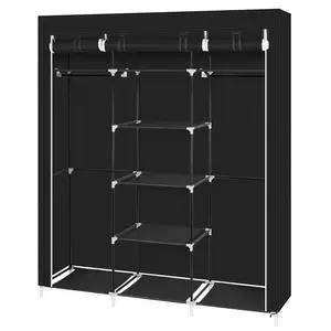 69" Portable Non-Woven Fabric Closet Wardrobe Cabinet, Double-Rod Garment Organizer, Home Room Storage Unit (Black)
